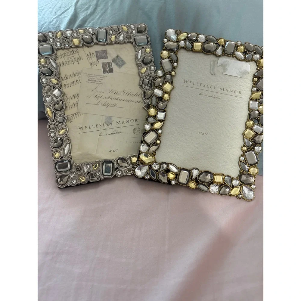 2 Wellesley Manor Jeweled 4x6 Picture Frame Set Gold Silver Gemstone Embellished